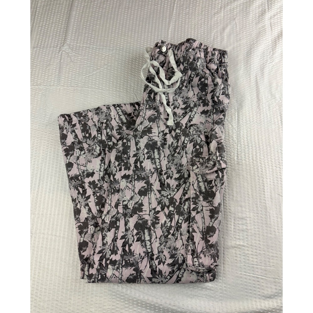 No Comment Pink Grey Woodland Leaf Print Cargo Pants Womens Large RW437147
